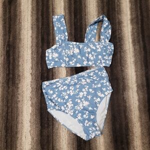 High Waisted Blue Floral Bikini Set Size S